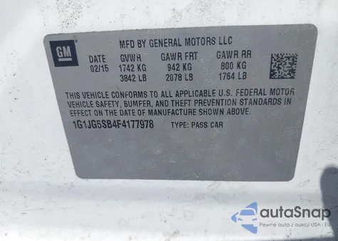 2015 Chevrolet Sonic Rs Auto z USA, uszkodzony, nr VIN 1G1JG5SB4F4177978